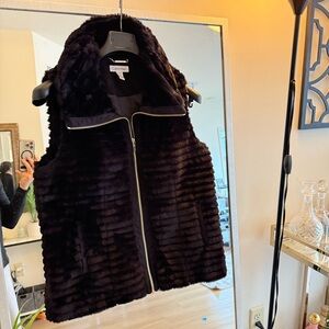 Calvin Klein Black Faux Fur Vest with Gold Zipper